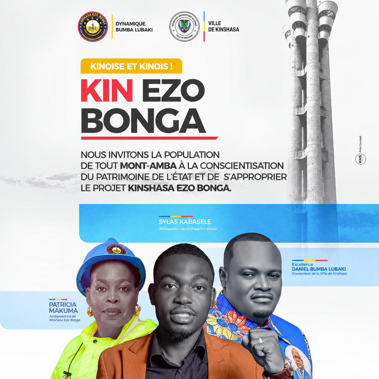 Affiche KIN EZO BONGA avec trois portraits, une composition blanche et bleue et le monument de l’Échangeur.